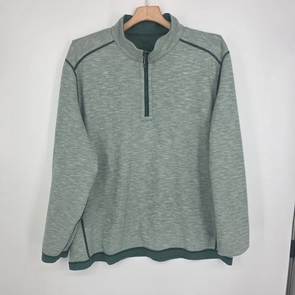 Tommy Bahama Reversible Quarter Zip Pullover Mens XXL Green Herringbone Knit